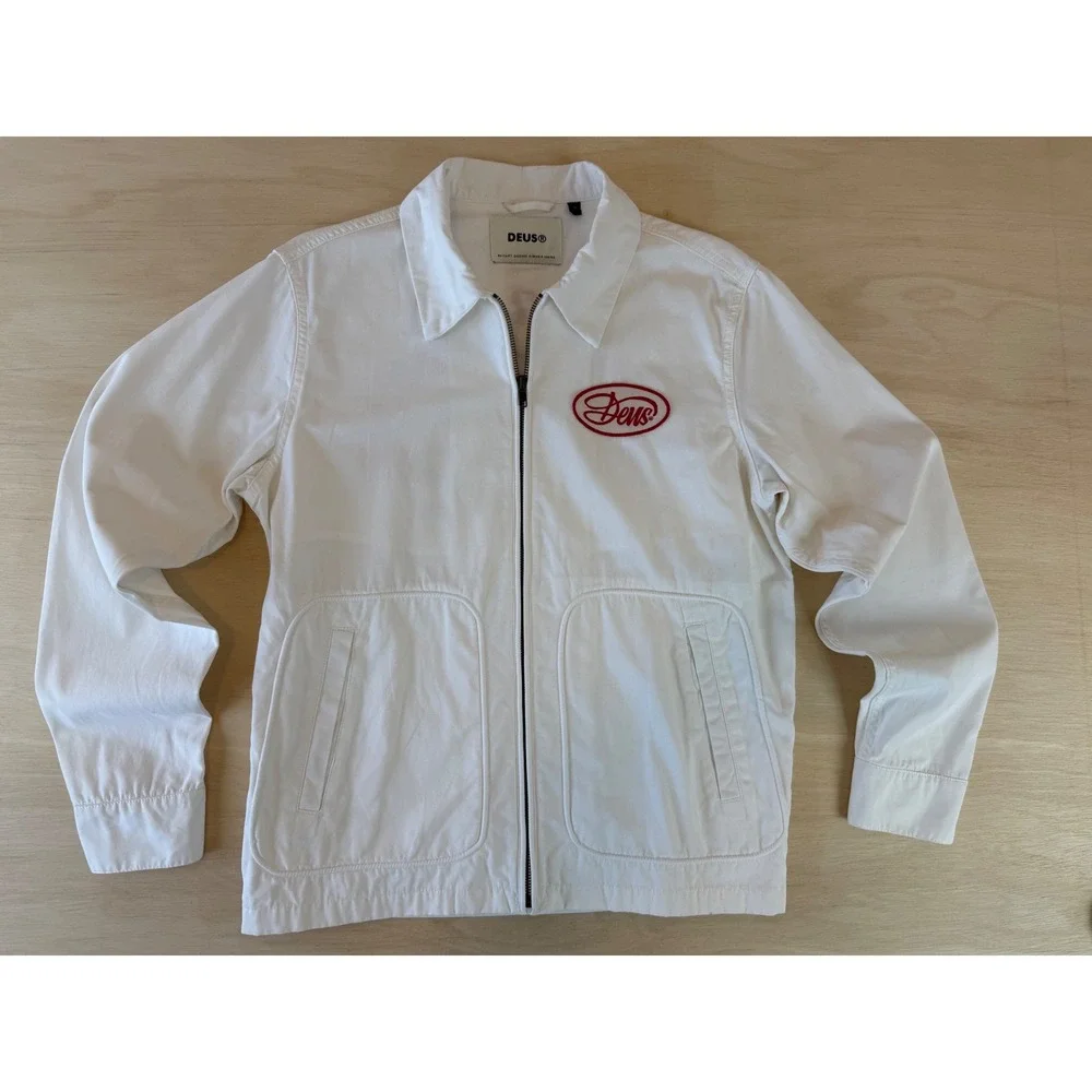 Deus Ex Machina Gulf Drizzler Jacket White Red Embroidered Moto Mechanic - S